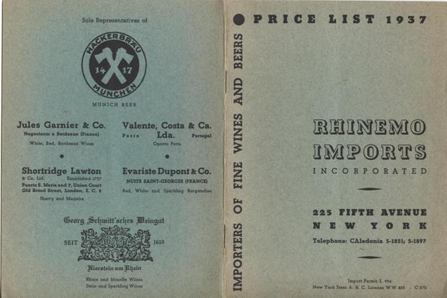 Image for Rhinemo Imports Incorporated, Importers of Fine Wines and Beers, Price List 1937.