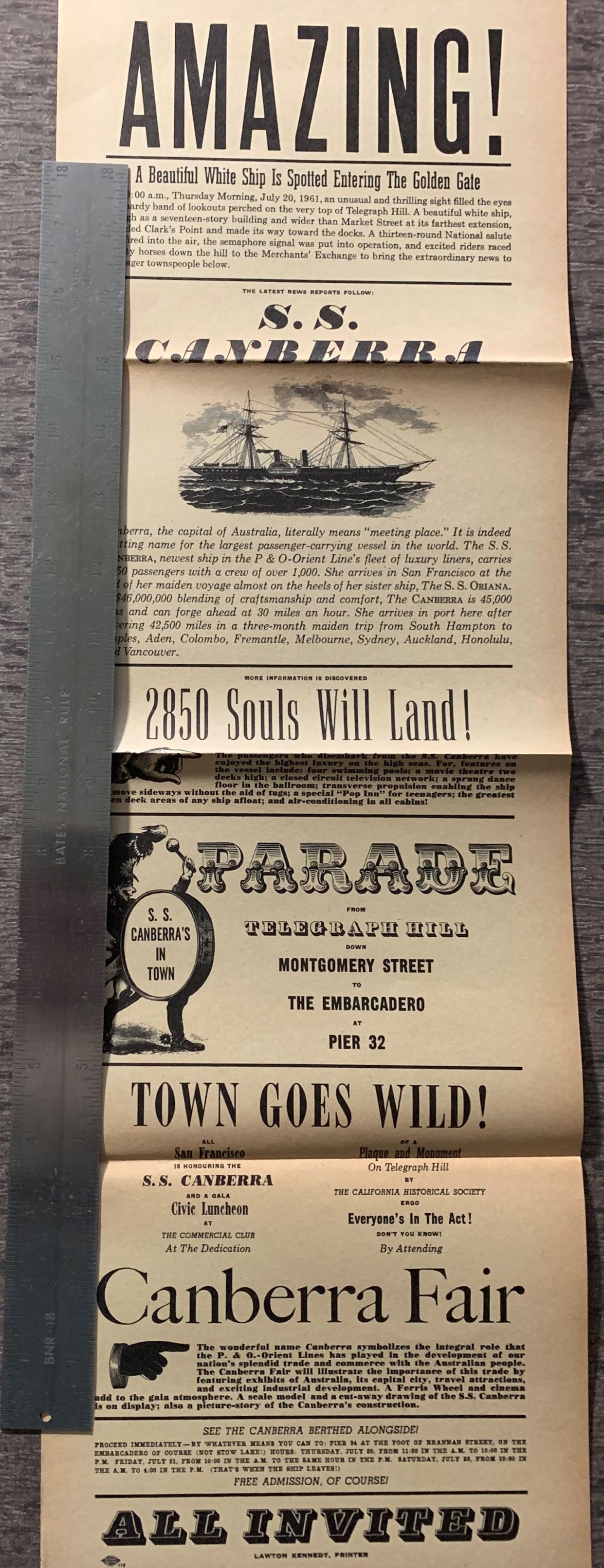 Image for [Printed Broadside] AMAZING! A Beautiful White Ship Is Spotted Entering the Golden Gate, At 10:00 a.m., Thursday Morning, July 20, 1961, an unusual and thrilling sight filled the eyes of a hardy band of lookouts perched on the very top of Telegraph Hill.