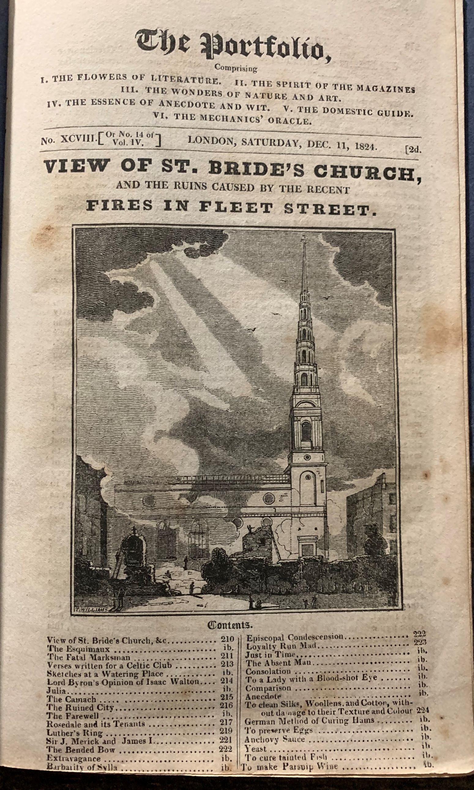 Image for The Portfolio. View of St. Bride's Church, and the Ruins Caused by the Recent Fires in Fleet Street. No. XCVIII [or No. 113 of Vol. IV]; Saturday, Dec. 11, 1824.